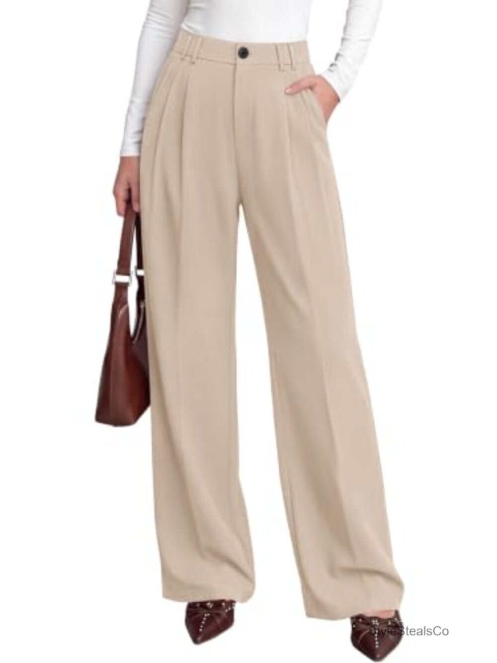Women's Wide Leg Flow Leg High Rise Pleated Dress Pants Trousers